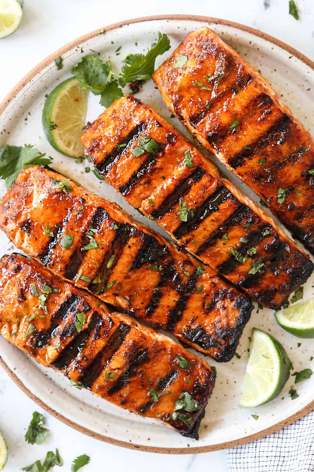 top view of grilled salmon on a plate