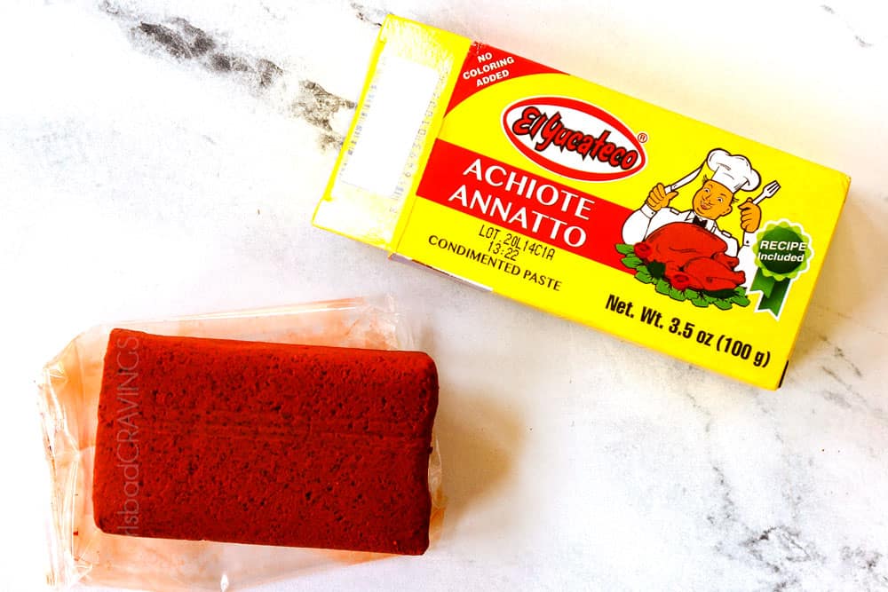 showing what achiote paste looks like to make pollo asado recipe
