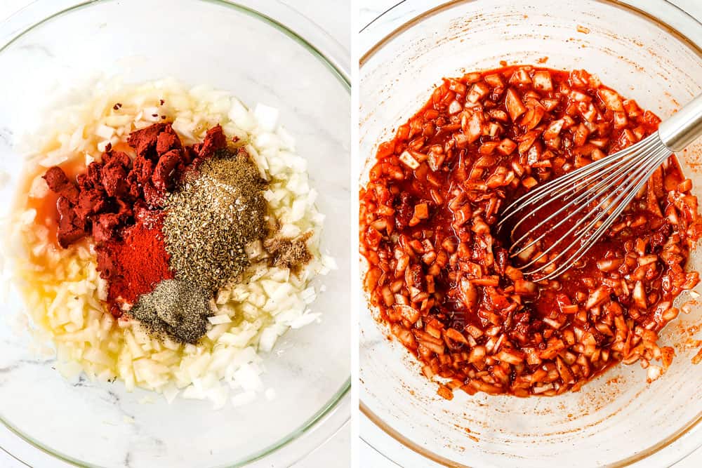 a collage showing how to make chicken street tacos by making the marinade by adding lime juice, orange juice, onions, garlic and spices to a glass bowl then mixing together