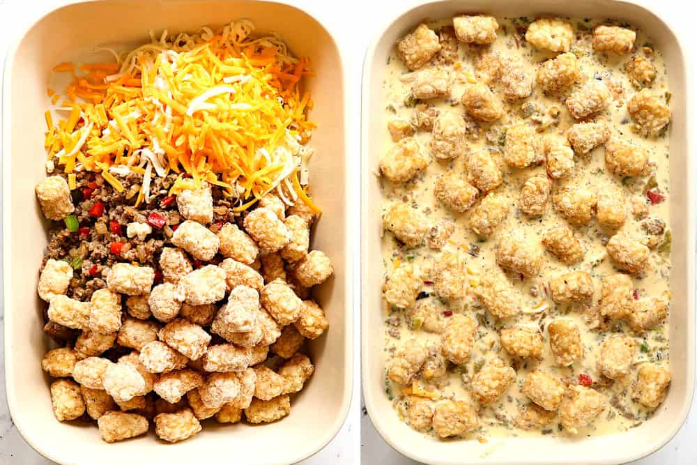 a collage showing how to make tater tot breakfast casserole by adding tater tots, sausage and cheese to a 9x13 baking dish, covering with egg mixture then topping with tater tots