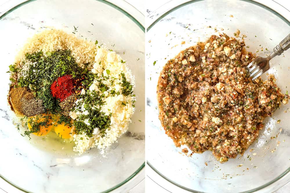 a collage showing how to make Greek lamb burger recipe by mixing onions, garlic, egg, breadcrumbs, lemon, dill, mint, oregano together in a glass bowl