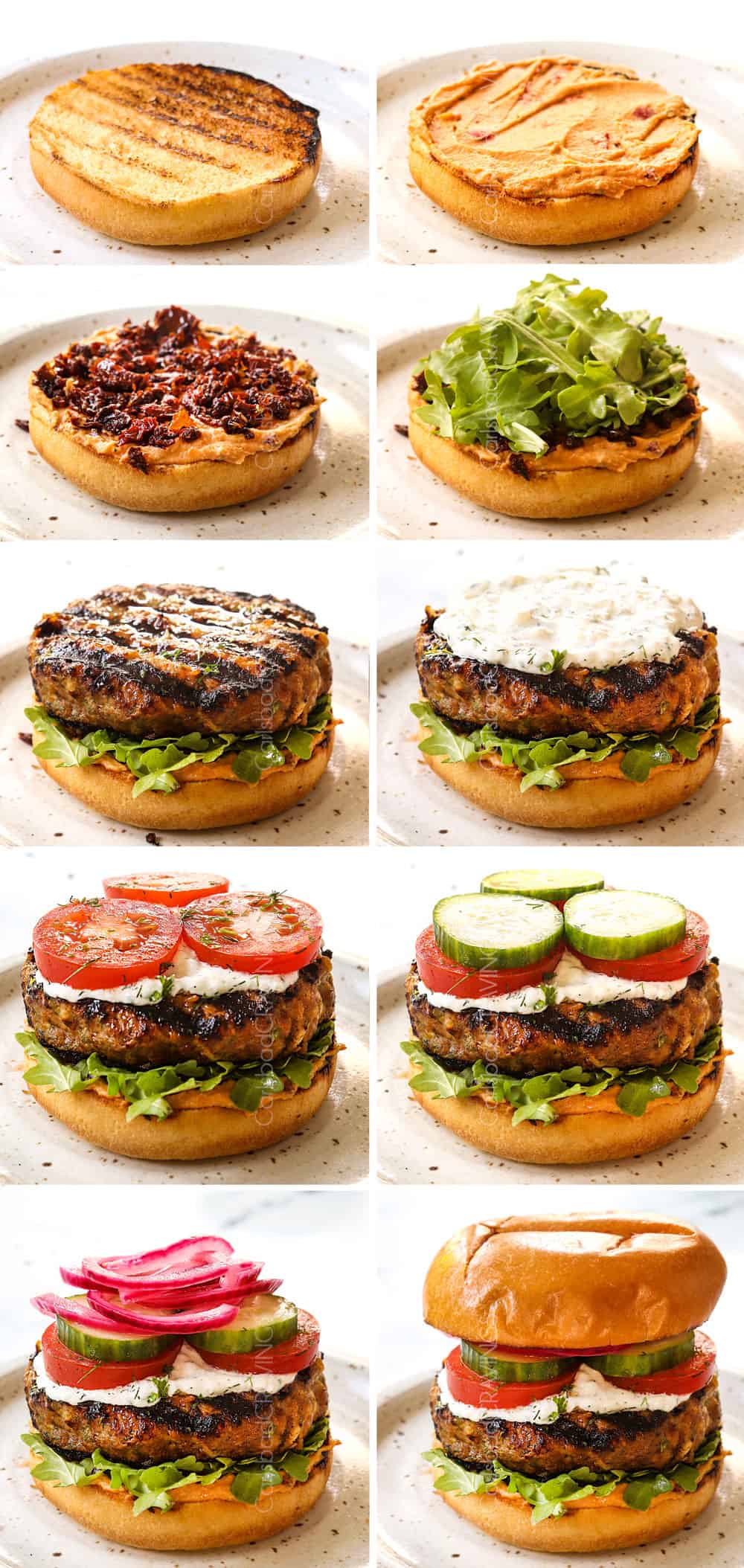 a collage showing how to make biftekia (Greek Burgers) by layering with hummus, arugula, sun-dried tomatoes, lamb burger, tzatziki, tomatoes, cucumber and onions