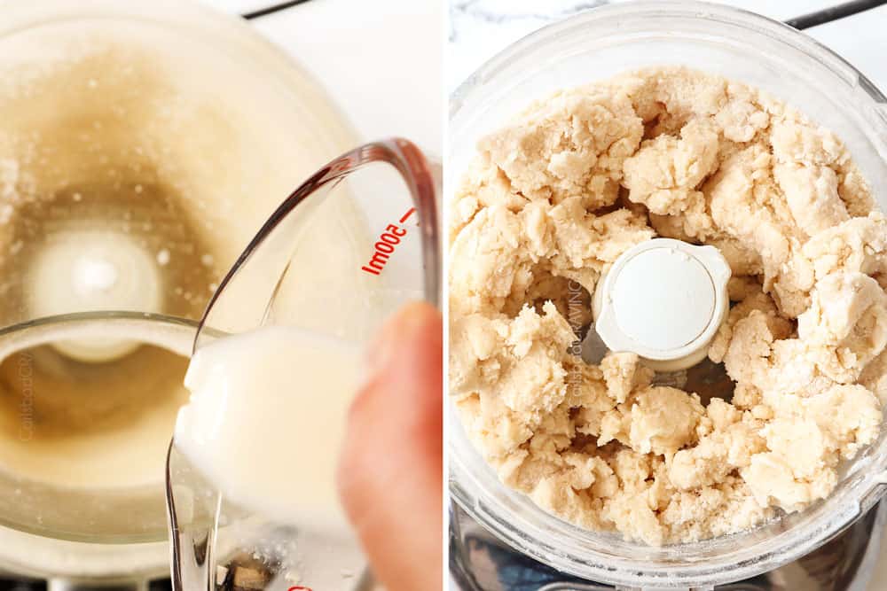 a collage showing how to make peach cobbler by adding buttermilk to food processor and then pulsing to combine