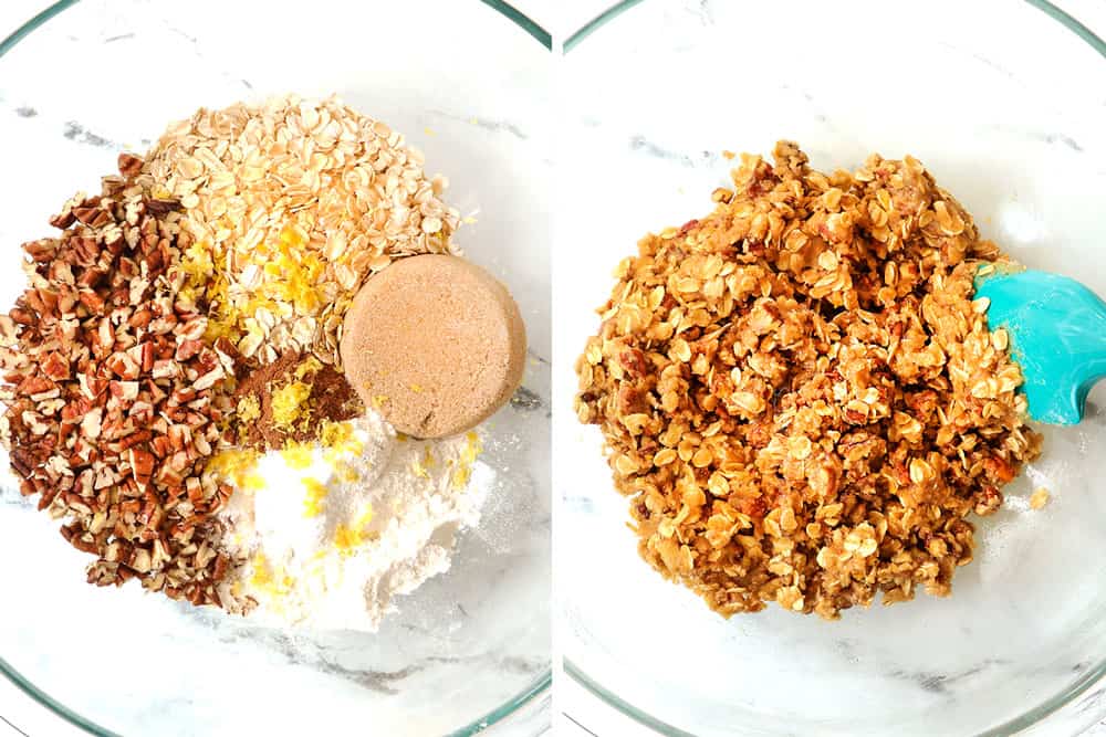 a collage showing how to make strawberry crisp (crumble) topping by adding flour, oats, sugar, pecans, and butter to a bowl then mixing all the ingredients together