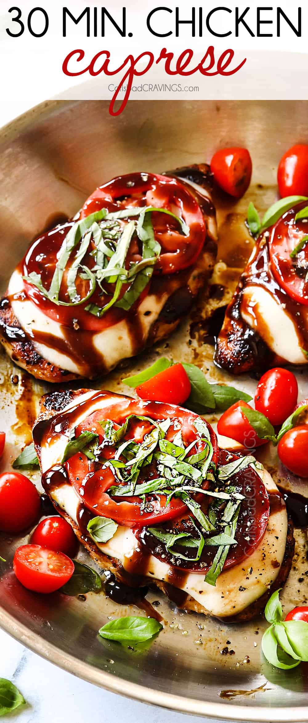showing how to make chicken caprese by adding basil to chicken in the skillet