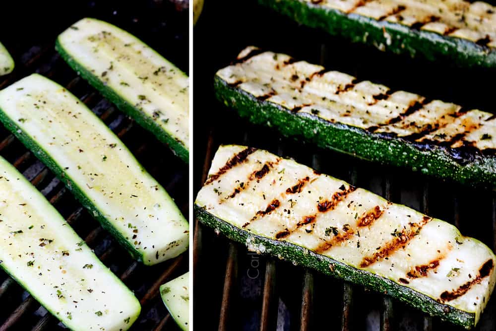 a collage showing how to grill zucchini by adding zucchini to the grill then flipping over when there are grill marks