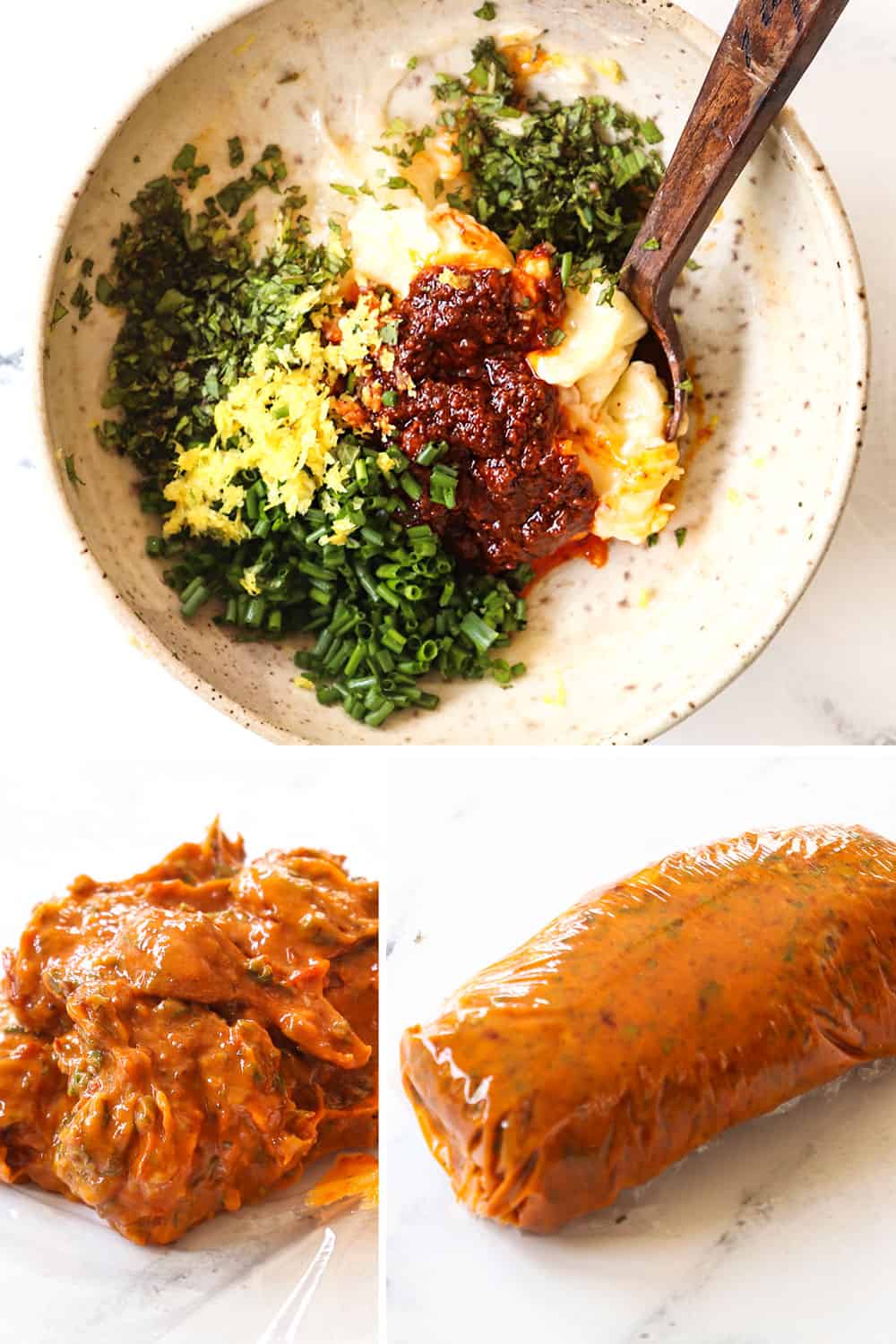 a collage showing how to make fNew York Strip Steak (Strip Steak, NY Strip Steak) recipe by adding butter and herbs to a bowl, transferring to plastic wrap and rolling up to form a log