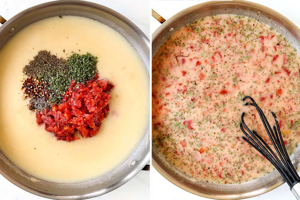 a collage showing how to make bacon pasta by adding diced tomatoes, chicken broth, Italian seasonings and heavy cream to a skillet and bringing to a simmer