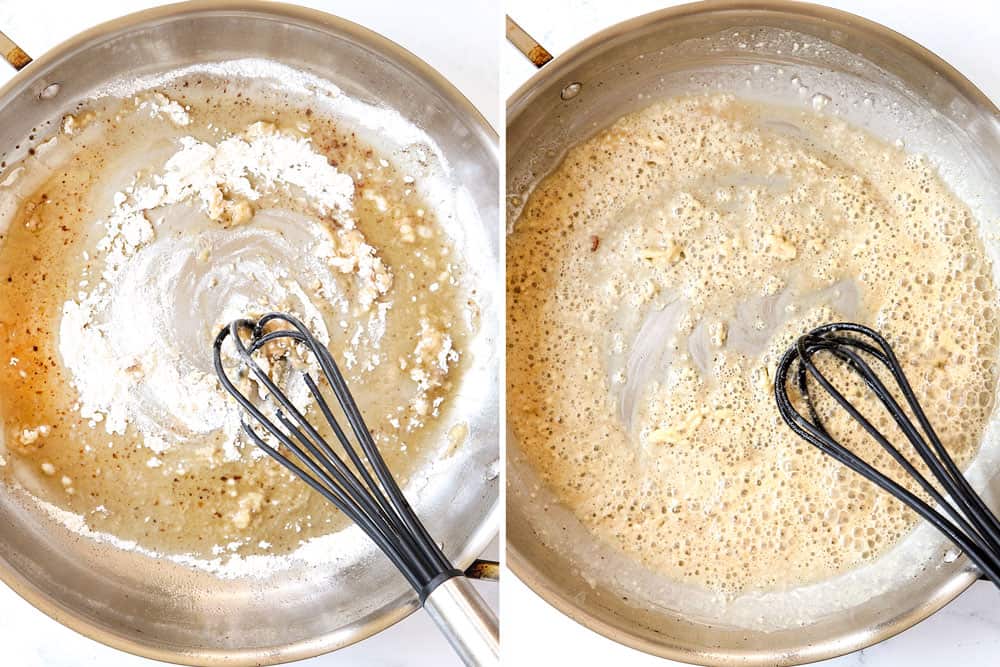 a collage showing how to make bacon pasta by whisking flour with bacon grease then sautéing the garlic