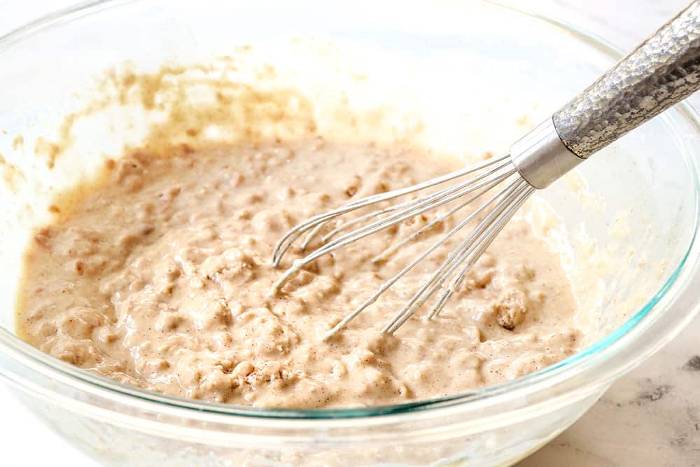 showing how to make cereal pancakes by mixing wet and dry ingredients together until the pancake batter is thick and lumpy
