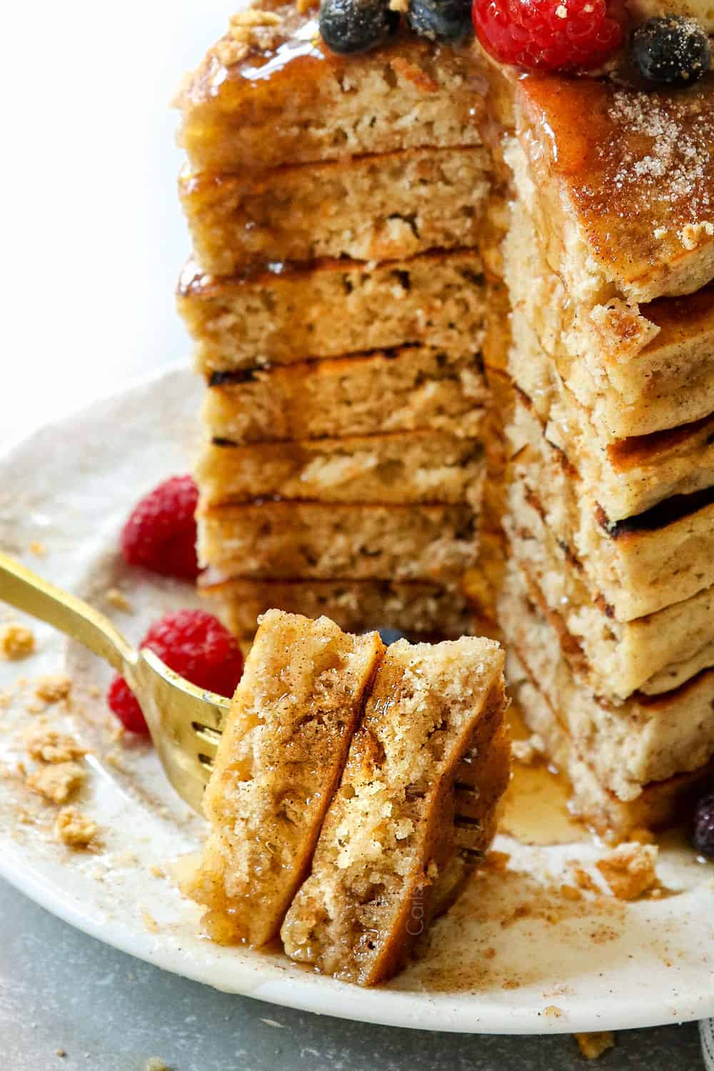 a forkful of cereal pancakes showing how fluffy they are