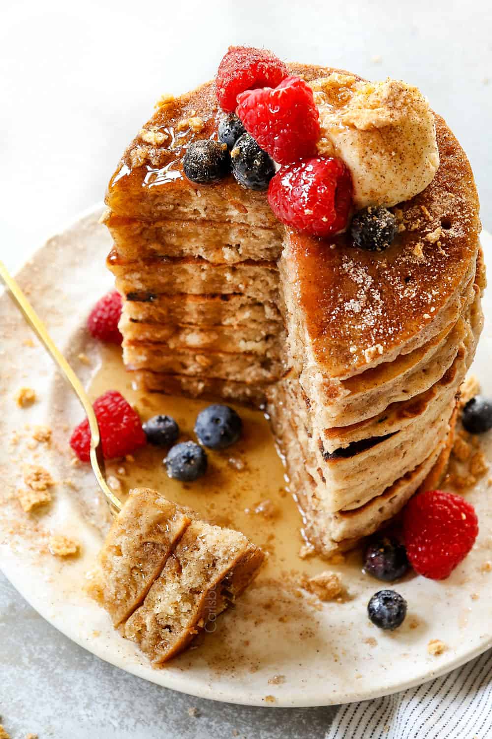 a forkful of cereal pancakes showing how fluffy they are