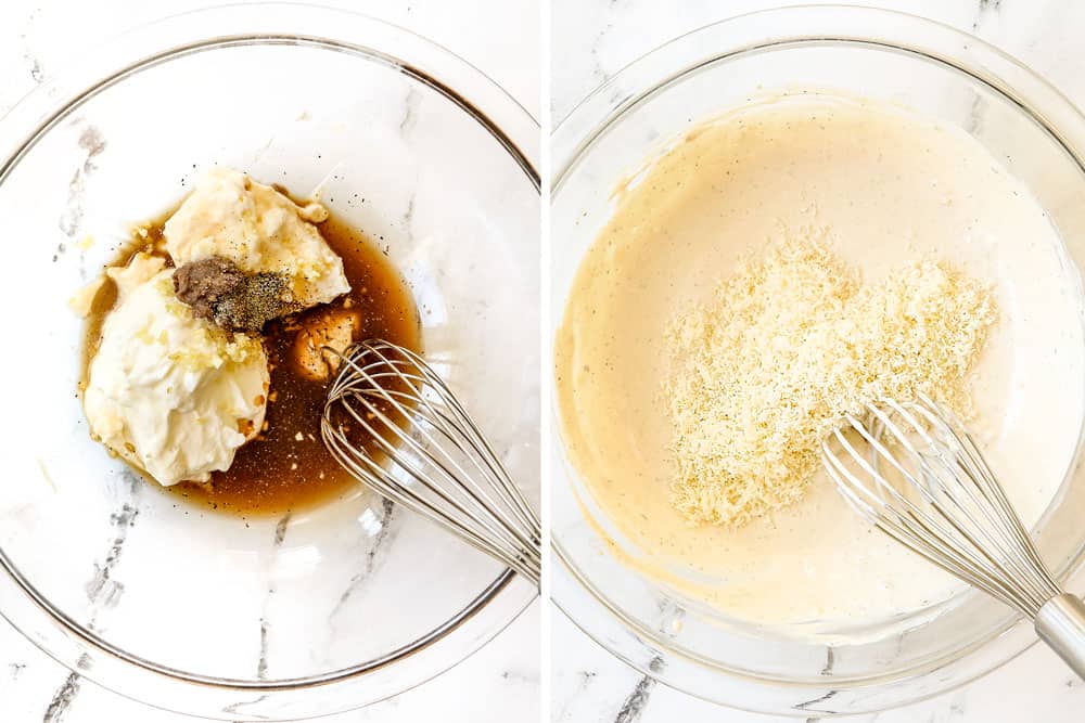 showing how to make Caesar Salad by adding Caesar Dressing ingredients to a bowl and whisking to combine