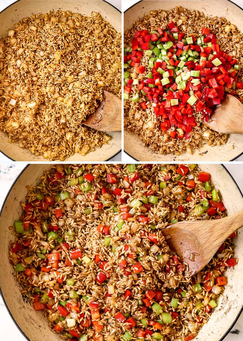 showing how to make Cajun shrimp by sautéing onions and rice then adding bell peppers and celery