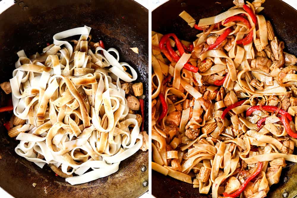 a collage showing how to make Thai Drunken Noodles (Pad Kee Mao) recipe by adding wide noodles and the sauce and caramelizing in the pan
