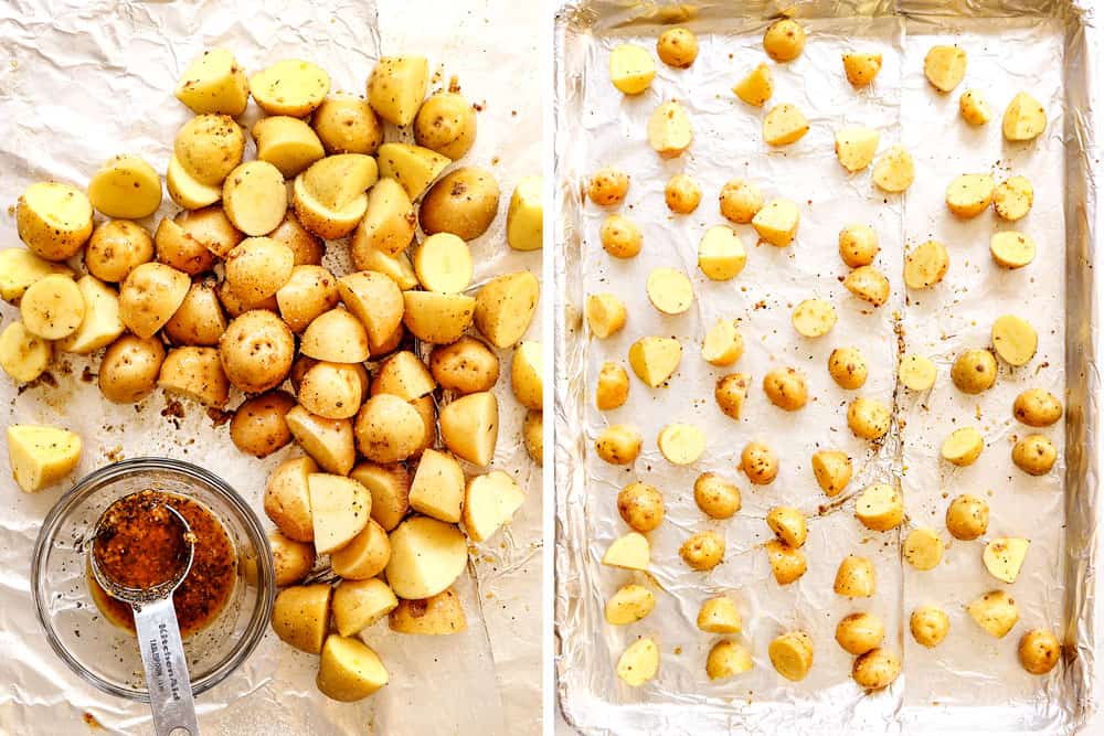 showing how to make lemon garlic chicken recipe by adding potatoes to a pan and tossing with the marinade to bake