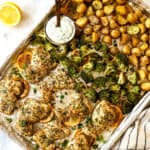 showing how to make lemon garlic chicken recipe by baking chicken thighs until golden