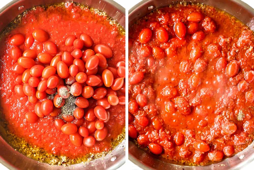 a collage showing how to make Pasta Puttanesca recipe by stirring in crushed tomatoes, oregano and pepper to the anchovies