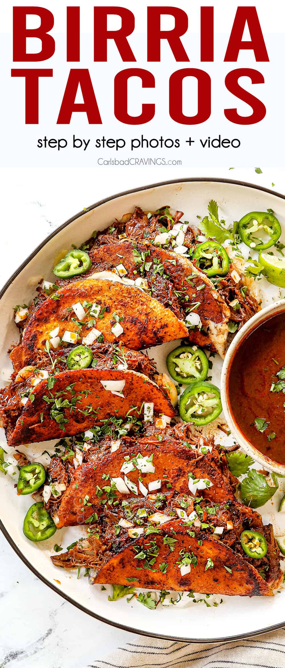 showing how to serve quesa birria tacos by lining the tacos in a single layer on a platter