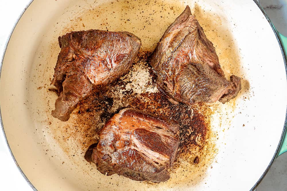 showing how to make birra tacos by searing beef until deeply golden
