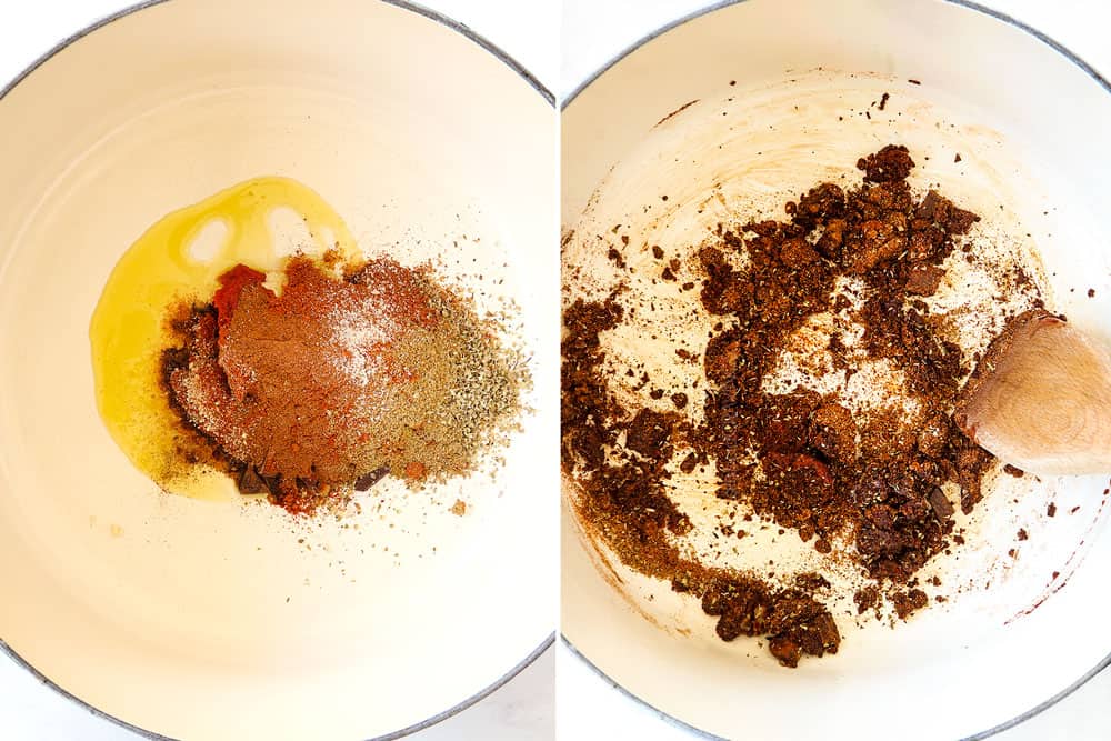 a collage showing how to make Cincinnati Chili recipe by adding tomato paste, olive oil and spices to a Dutch oven and sautéing
