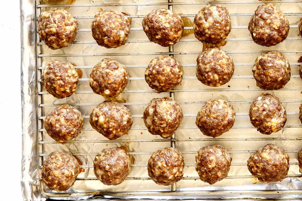 showing how to make teriyaki meatball recipe by baking meatballs on a baking sheet until browned