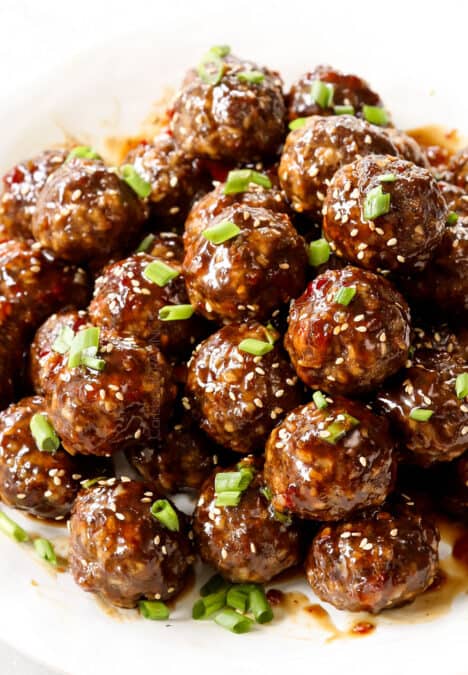 up close of teriyaki meatball recipe showing how juicy they are