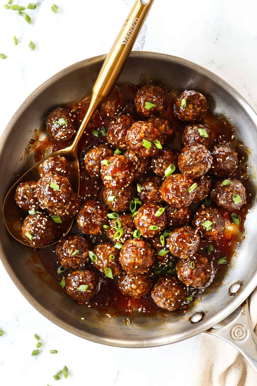 top view if teriyaki meatballs in a skillet