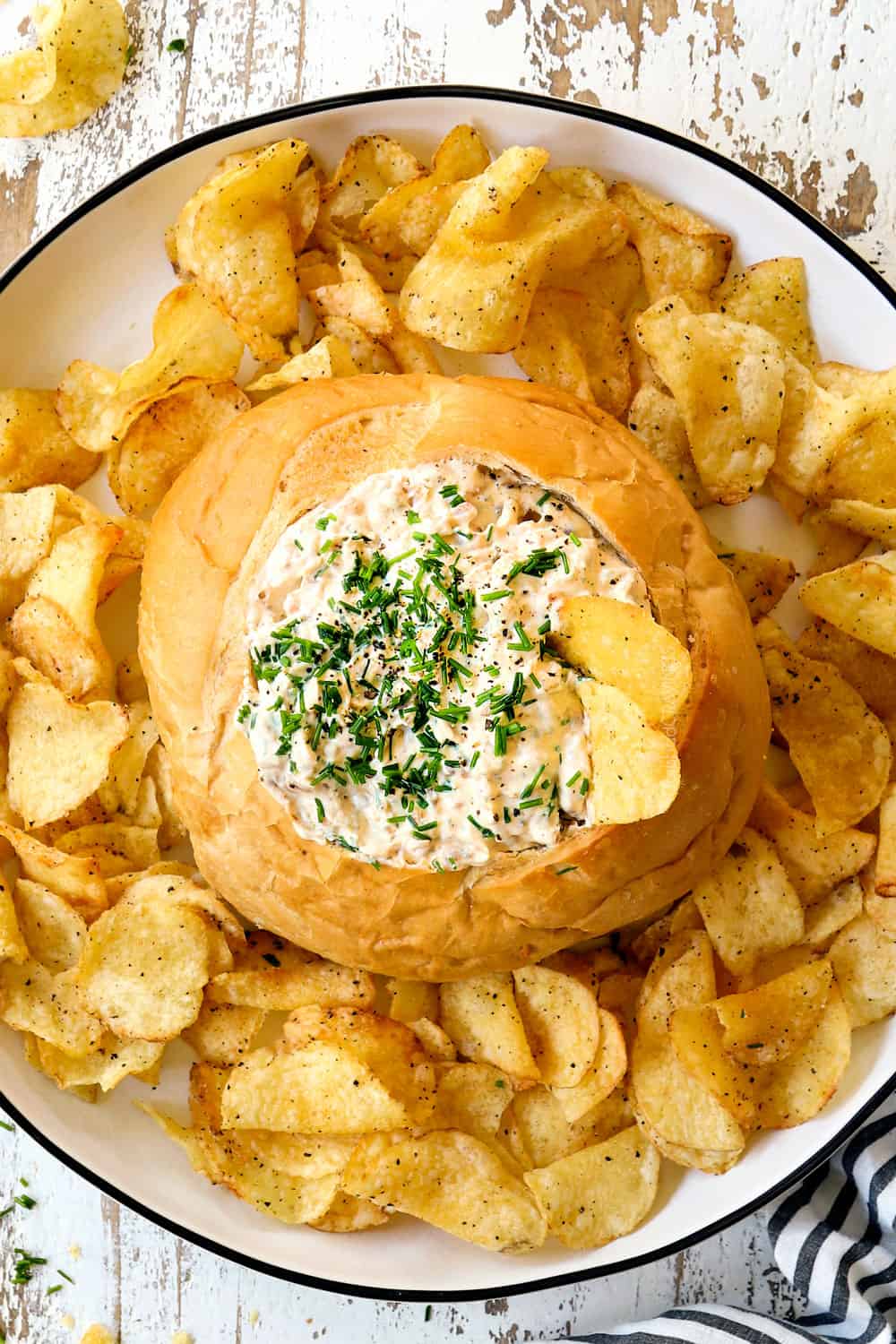 top view of homemade French onion dip on a platter