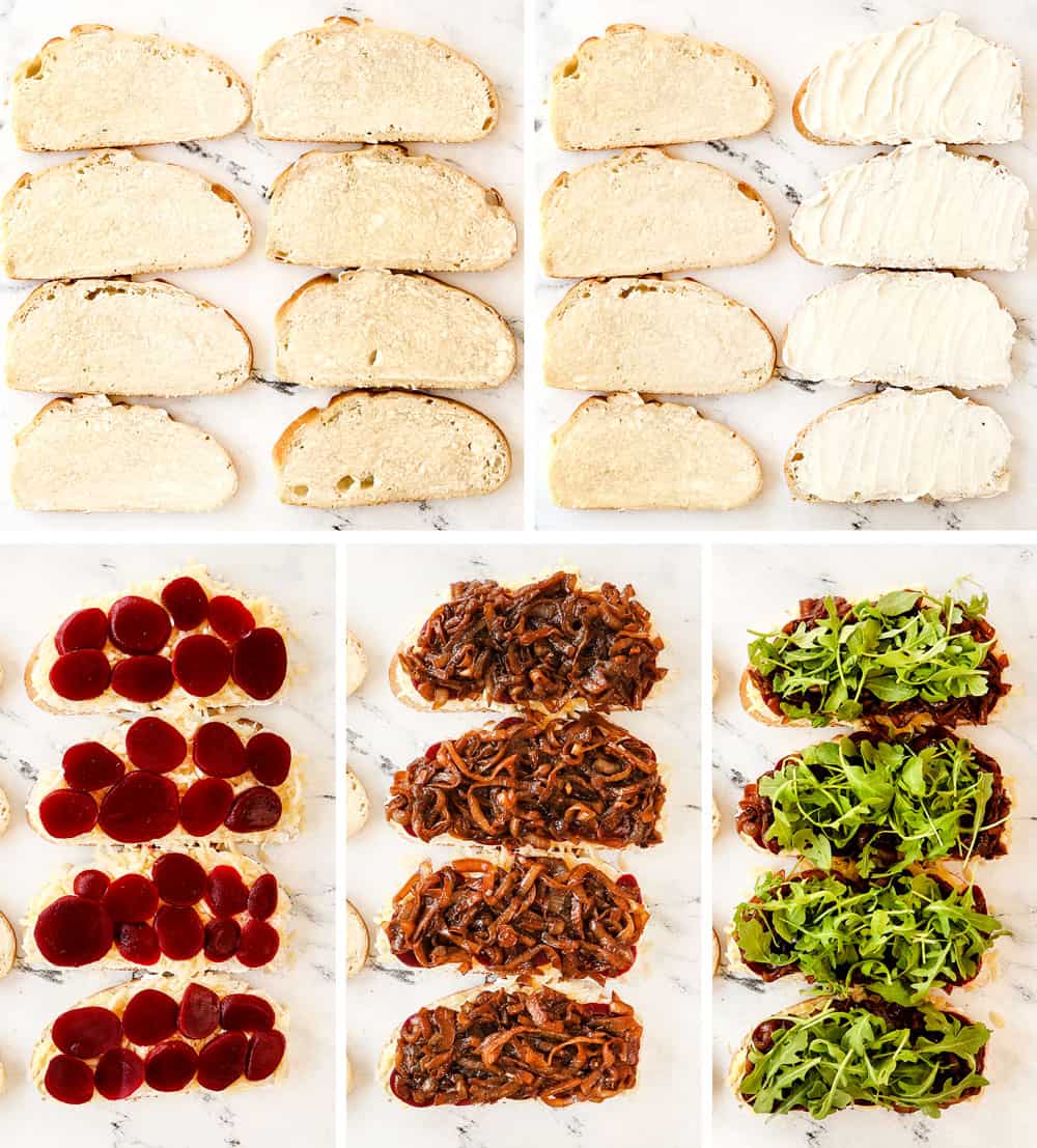 showing how to make grilled cheese sandwiches by adding mayonnaise, goat cheese, caramelized onions and arugula