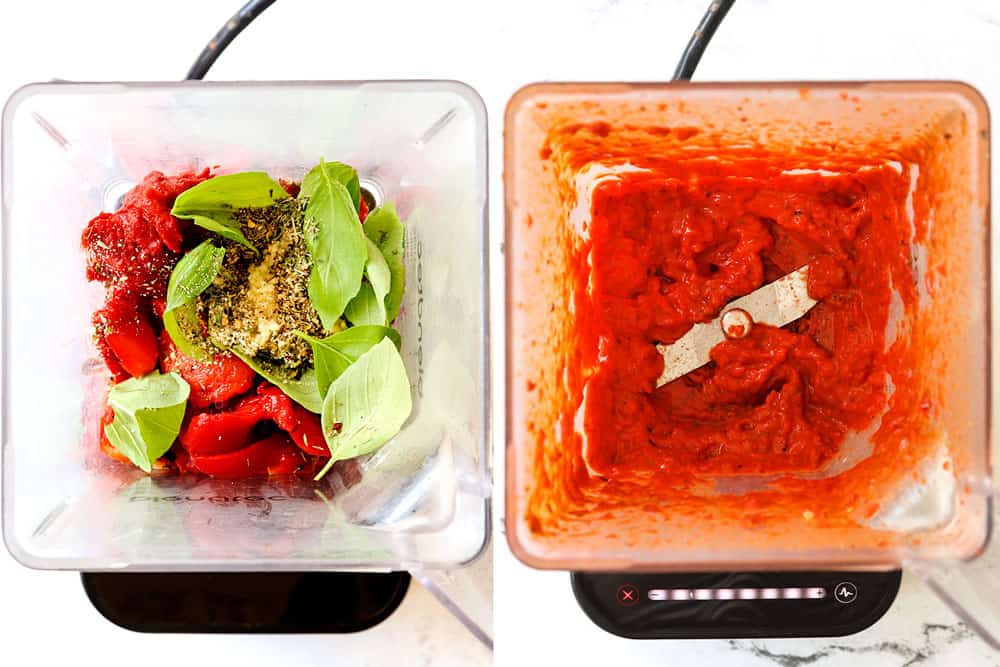 showing how to make Greek Pizza by adding roasted red pepper sauce ingredients to a blender and blending until smooth