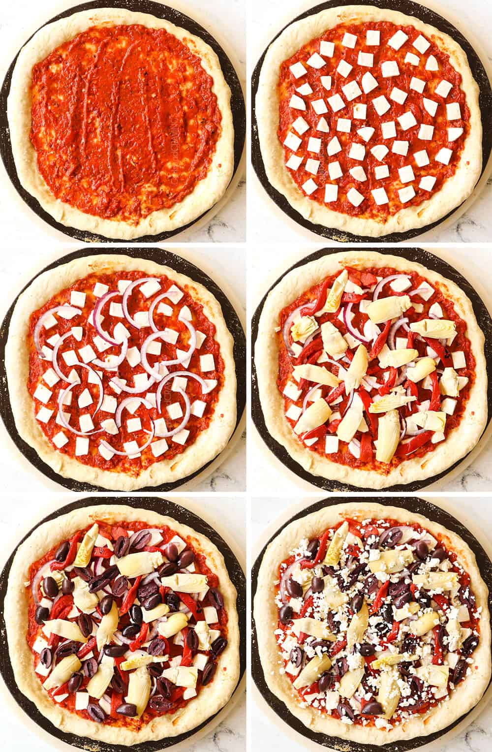 a collage showing how to make Greek PIzza by adding sauce, mozzarella, red onions, artichokes, olives, roasted red peppers and feta