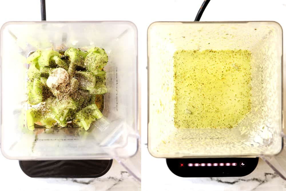 showing how to make Greek Pizza by adding tzatziki ingredients to a blender and blending until smooth