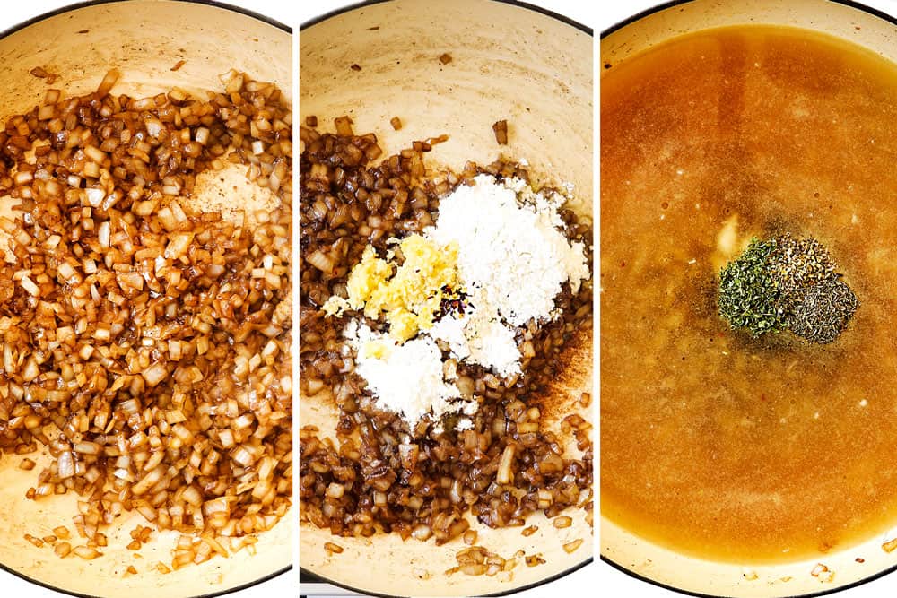 a collage showing how to make beef and noodles by sautéing onions, cooking flour then adding beef broth and herbs