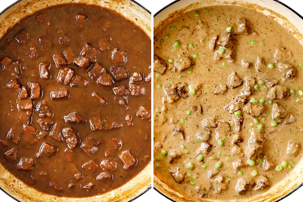 a collage showing how to make beef tips and noodles by simmering until thickened then adding heavy cream