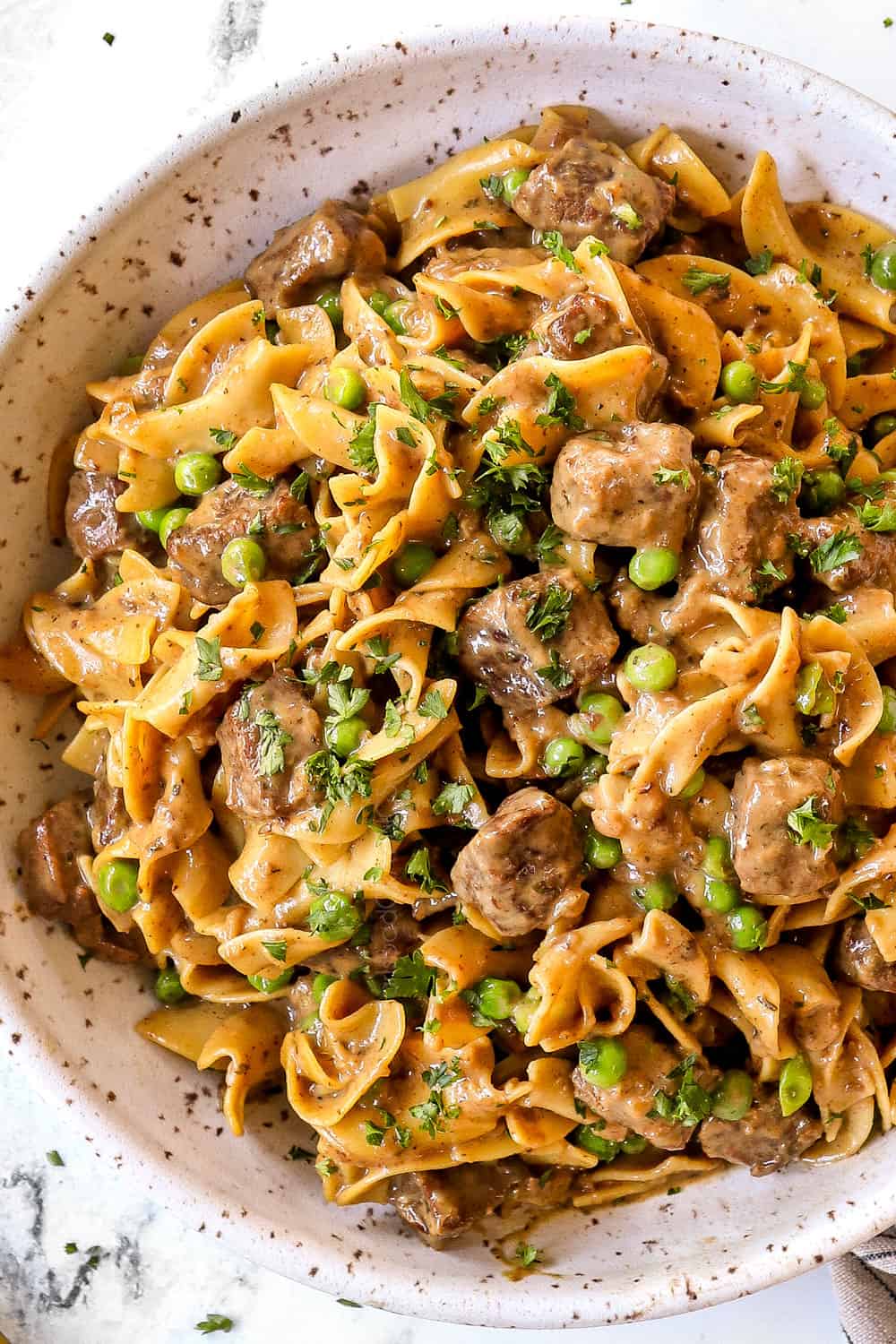 top view of beef and noodles recipe in a bowl