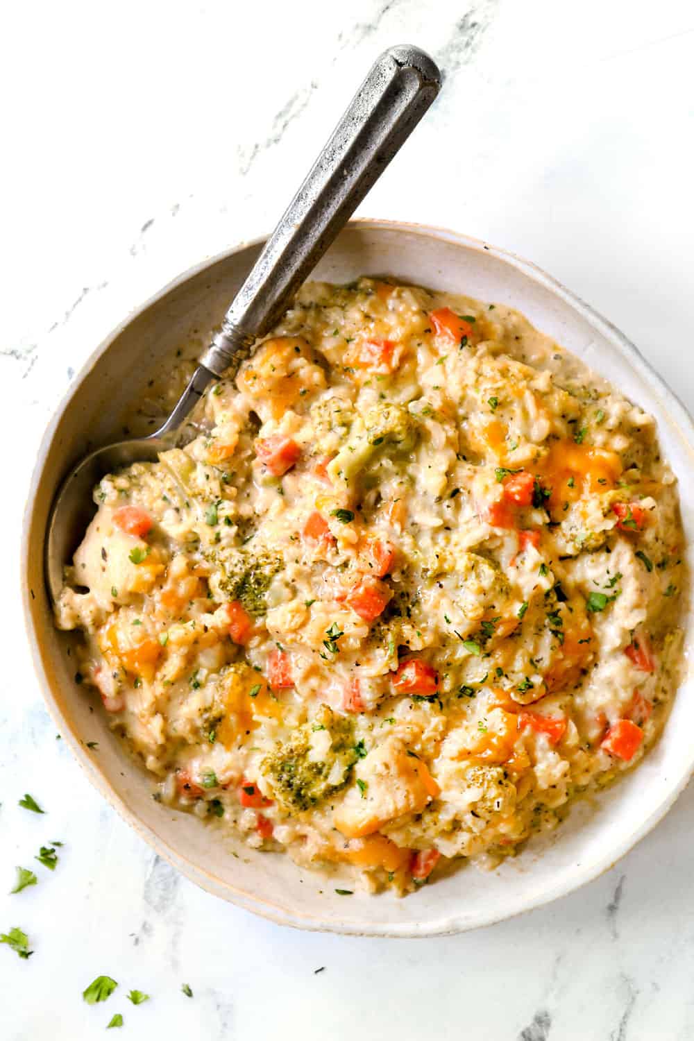 top view of a plate of chicken and rice garnished with parsley