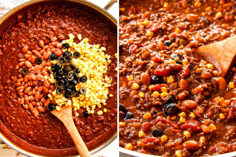 showing how to make enchilada casserole recipe by adding beans, corn and olives to the enchilada sauce with the beef