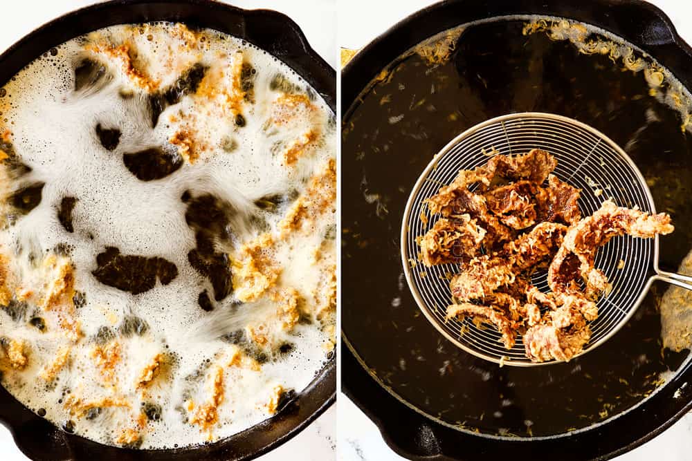 a collage showing how to make ginger beef recipe by deep frying beef in oil and then removing it with a strainer