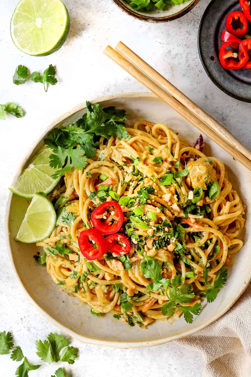 top view of Peanut Butter Noodles with chicken on a plate