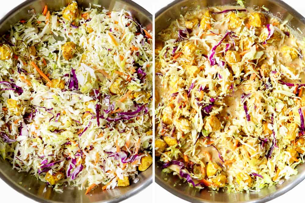 showing how to make peanut noodles recipe by adding coleslaw and stir frying for 1 minute and then adding the peanut sauce