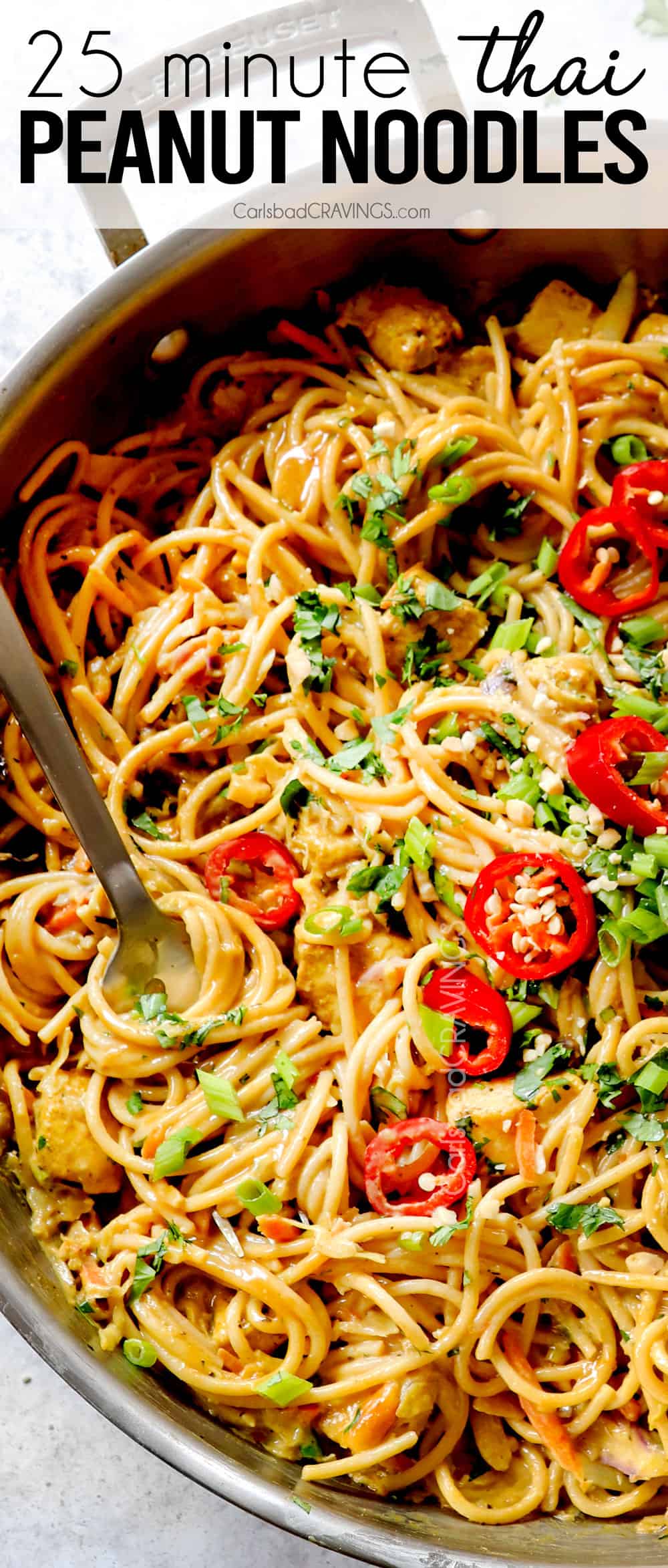 up close of Peanut Noodles in a skillet showing how creamy it is