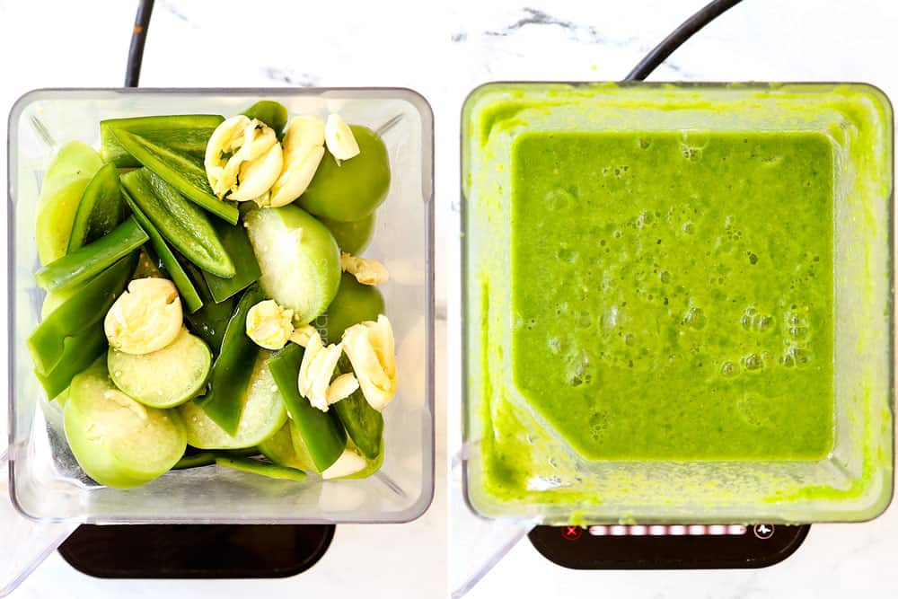 a collage showing how to make pozole verde (posole) by adding onions, tomatillos, cilantro, jalapenos