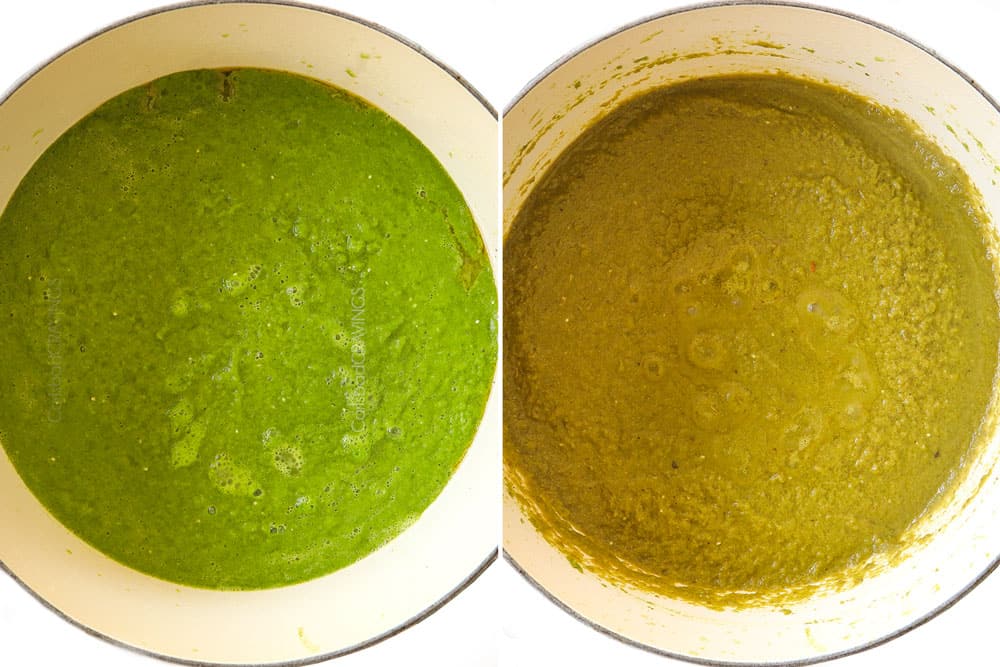 a collage showing how to make pozole verde (posole) by simmering salsa verde until dark green