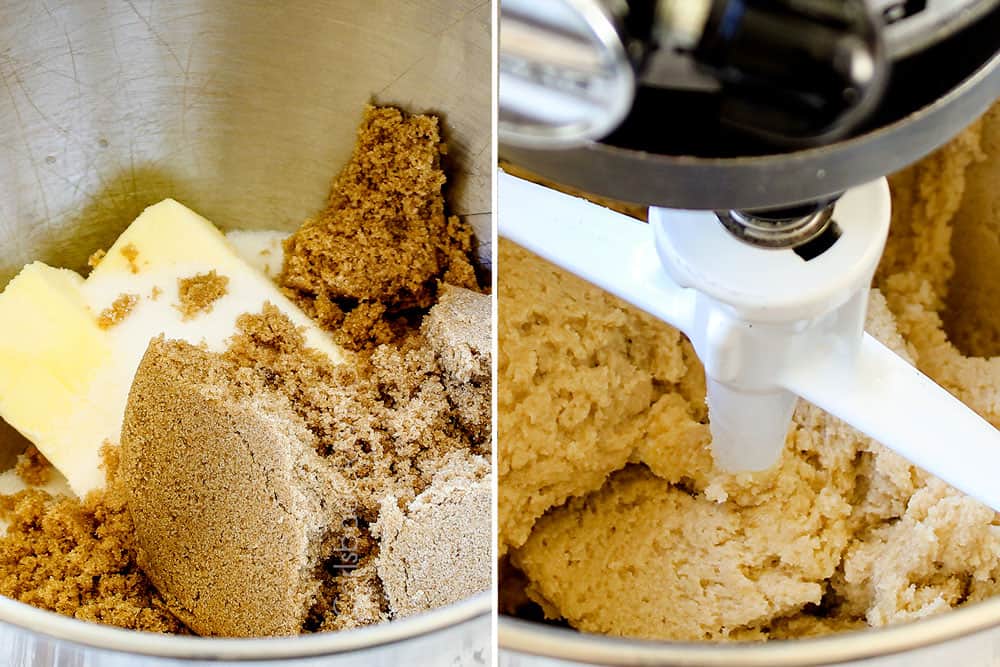 a collage showing how to make pumpkin oatmeal cookies by creaming butter, granulated sugar and brown sugar