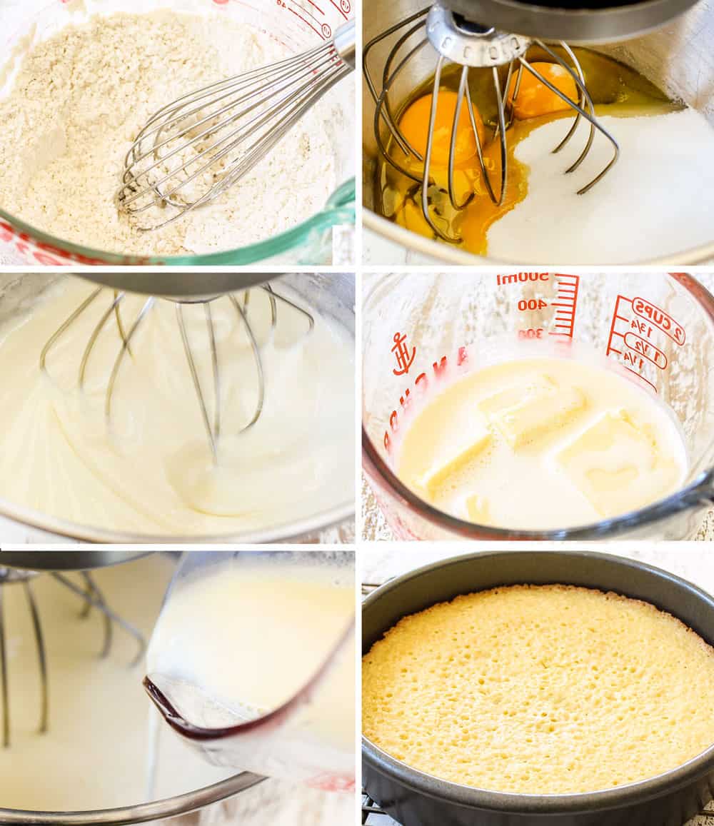 a collage showing how to make the sponge cake for Boston Cream Pie recipe by 1) whisking the dry ingredients together, 2) adding the eggs and sugar to the mixer, 3) whisking the eggs and sugar until fluffy, 4) melting the butter with the milk, 5) adding the hot butter milk to the batter, 6) baking until golden