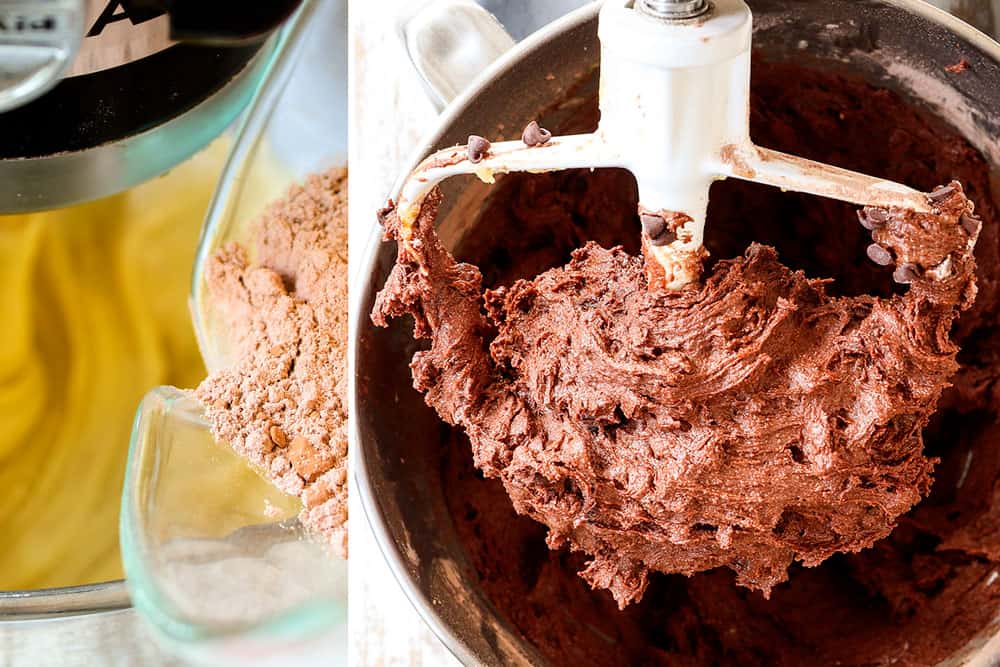 a collage showing how to make chocolate crinkle cookie recipe by adding dry ingredients to wet ingredients then mixing in the chocolate chips
