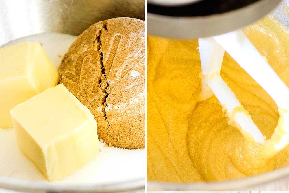 a collage showing how to make chocolate crinkle cookie recipe by adding the sugars and butter to the mixer then creaming until fluffy