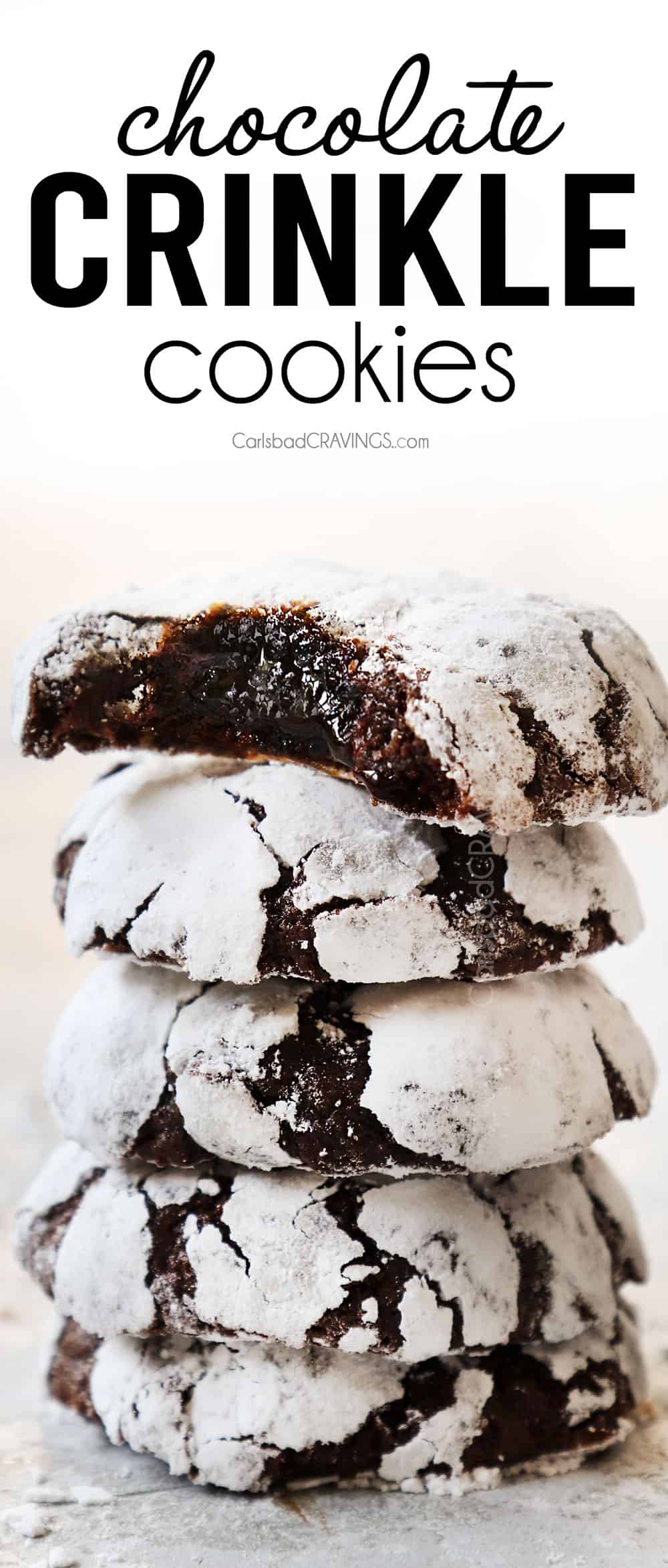 chocolate crinkle cookies stacked showing how thick they are