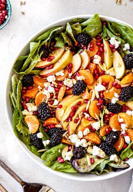 Mandarin Orange Salad with mandarins, apples and blackberries in a white bowl